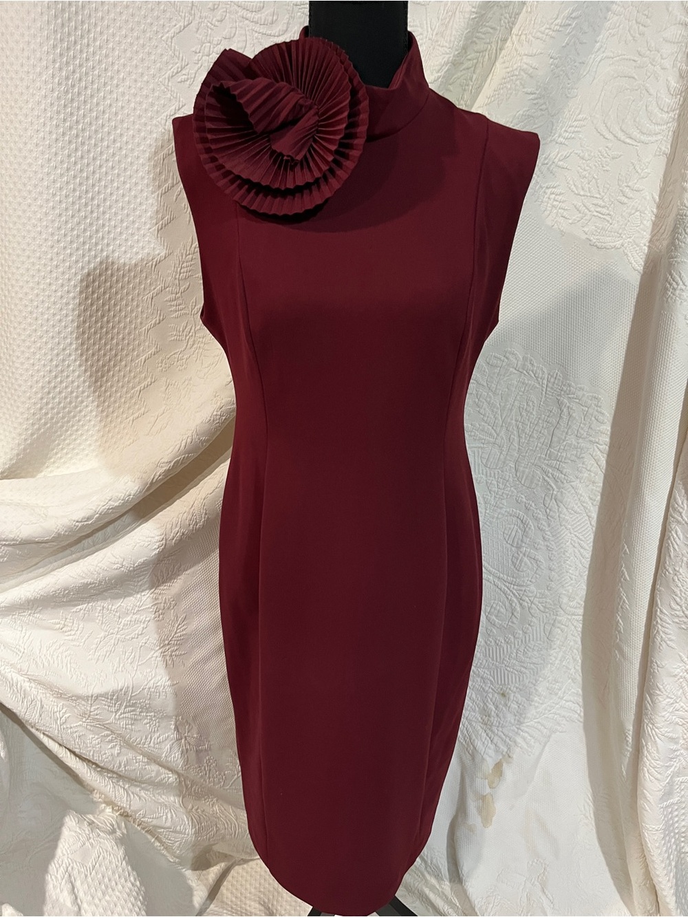 Calvin Klein Wine Red Sleeveless Midi Dress with Pleated Floral Accent